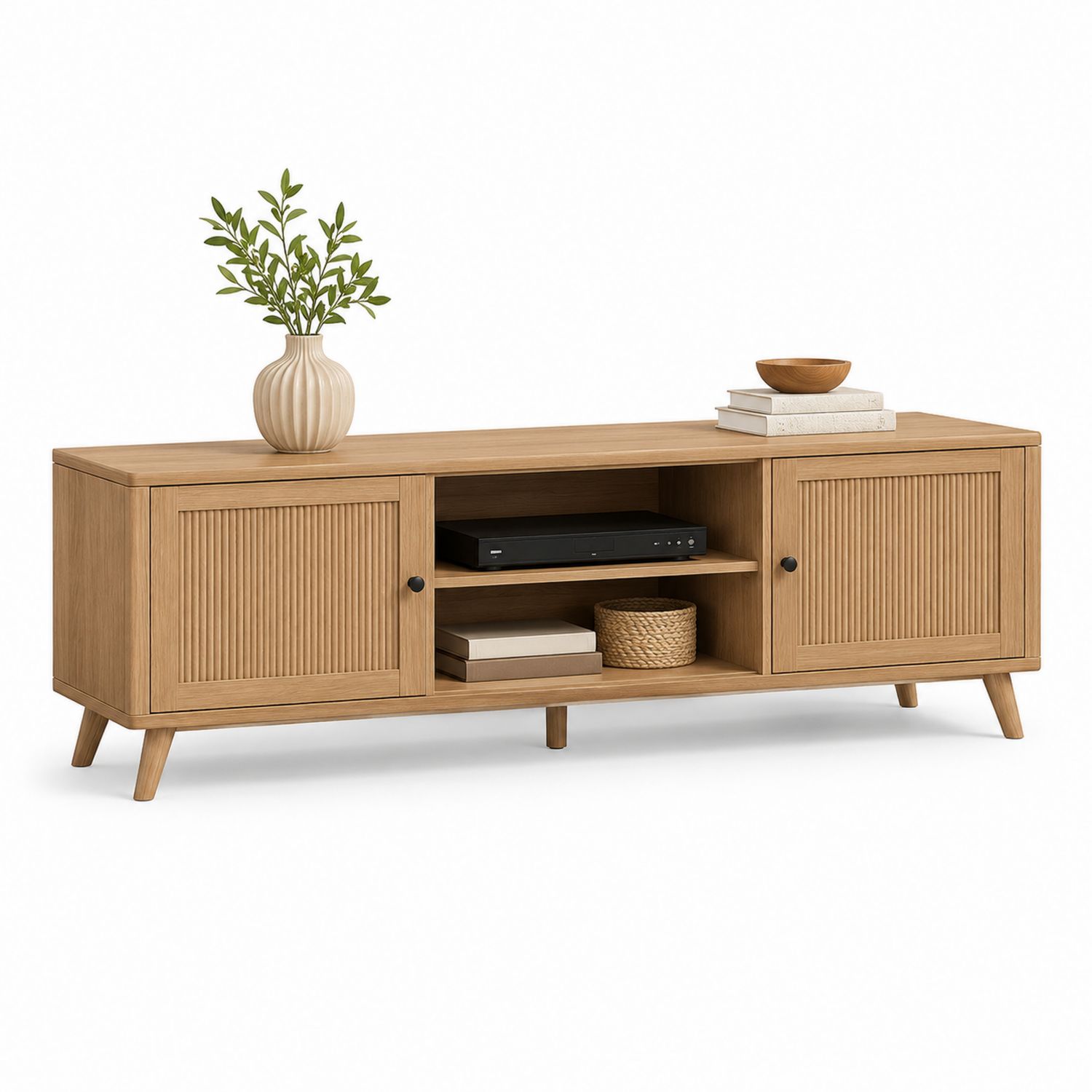Mesa de TV de Madera de Roble con Puertas y Estantes