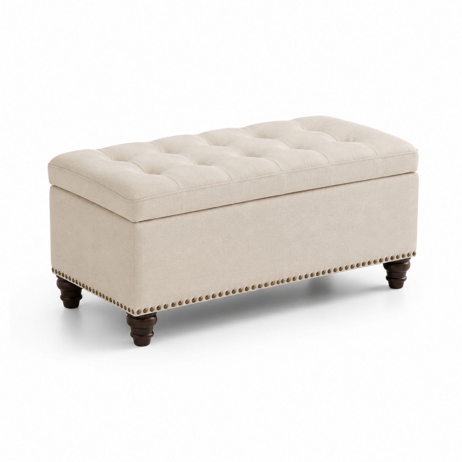 Banco Pouf Rectangular Beige con Almacenamiento y Patas de Madera