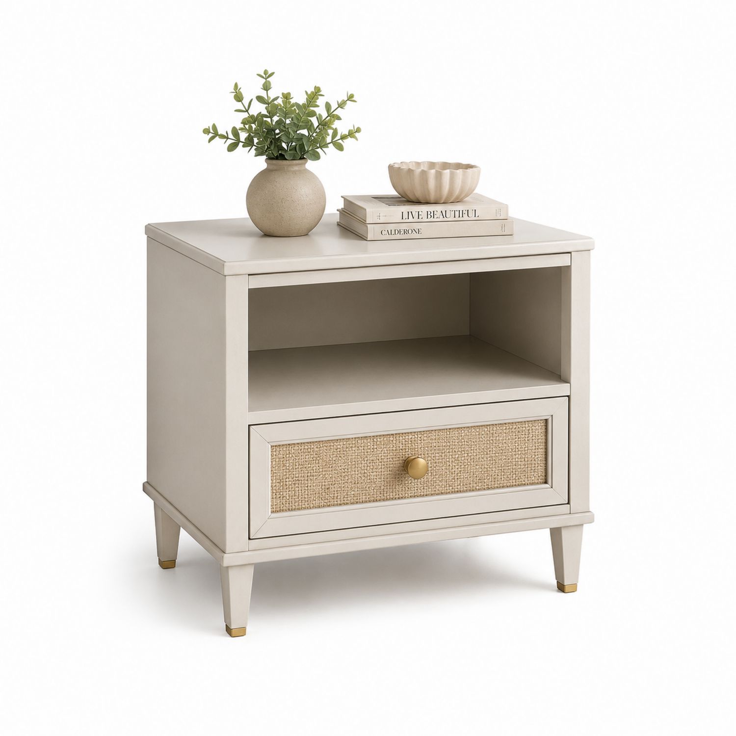 Mesita de Noche de Madera con Cajón de Mimbre Beige