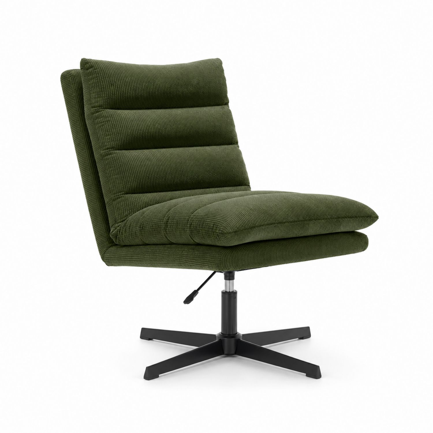 Silla giratoria de tela de pana verde con base metálica