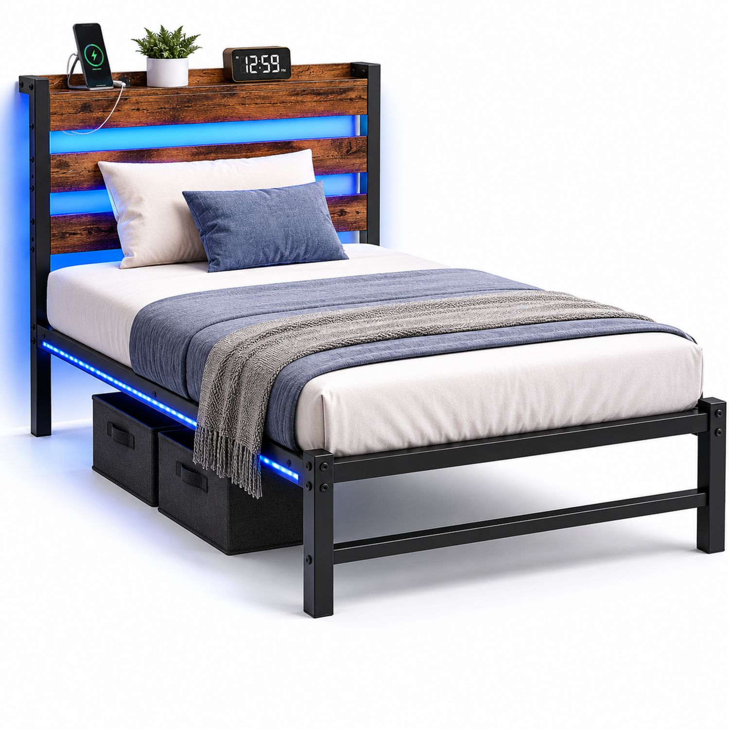 Cama individual con cabecero de madera LED y estructura de metal negro, 200x100 cm