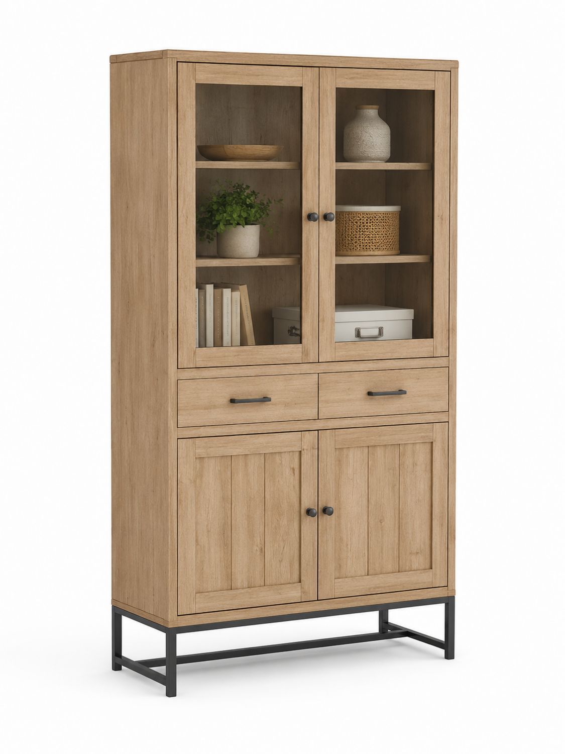 Vitrina de Madera de Roble y Acero con Puertas de Vidrio Templado