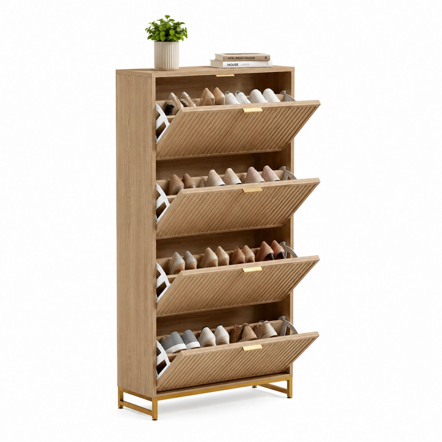 Zapatero de madera MDF con estructura metálica y 4 compartimentos abatibles 148x60x24cm
