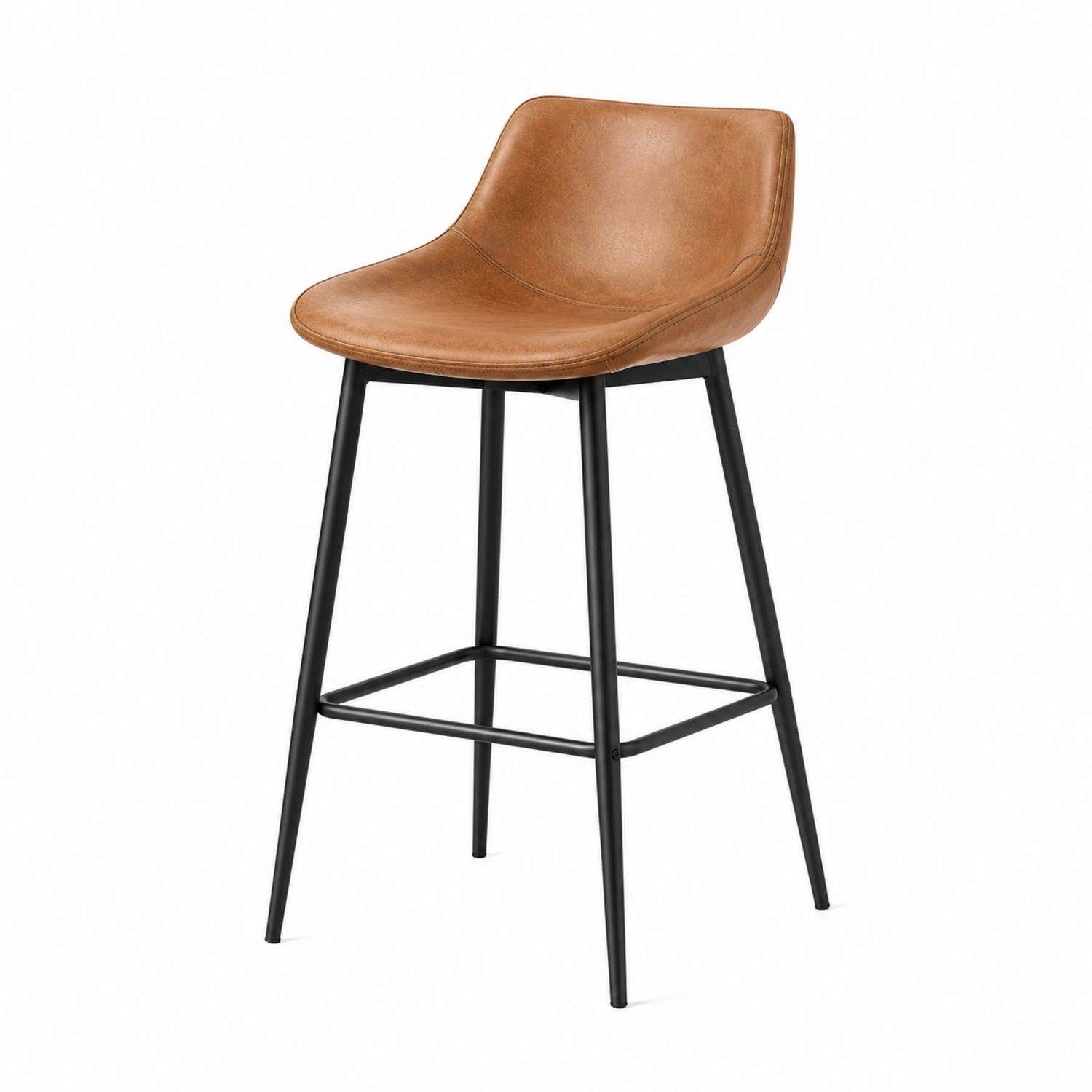 Taburete de bar con asiento de cuero sintético marrón y estructura de acero