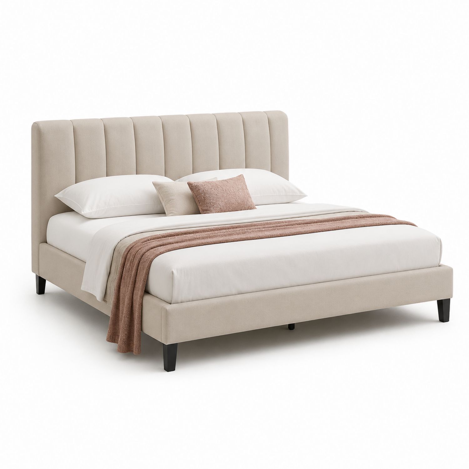 Cama tapizada de tela beige con cabecero acolchado