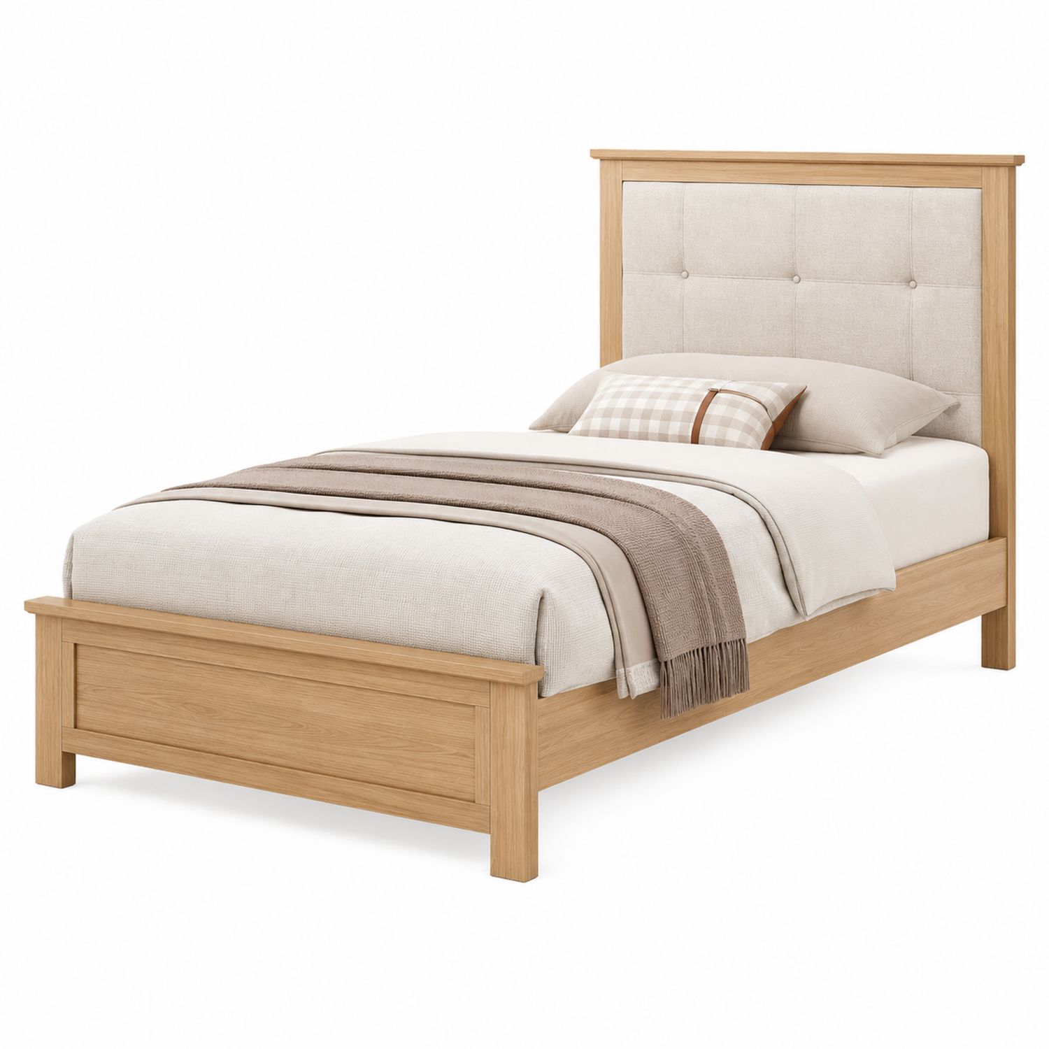 Cama individual de madera y cabecero tapizado crema