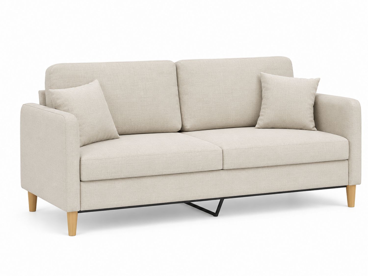 Sofá de tres plazas de tela beige con patas de madera