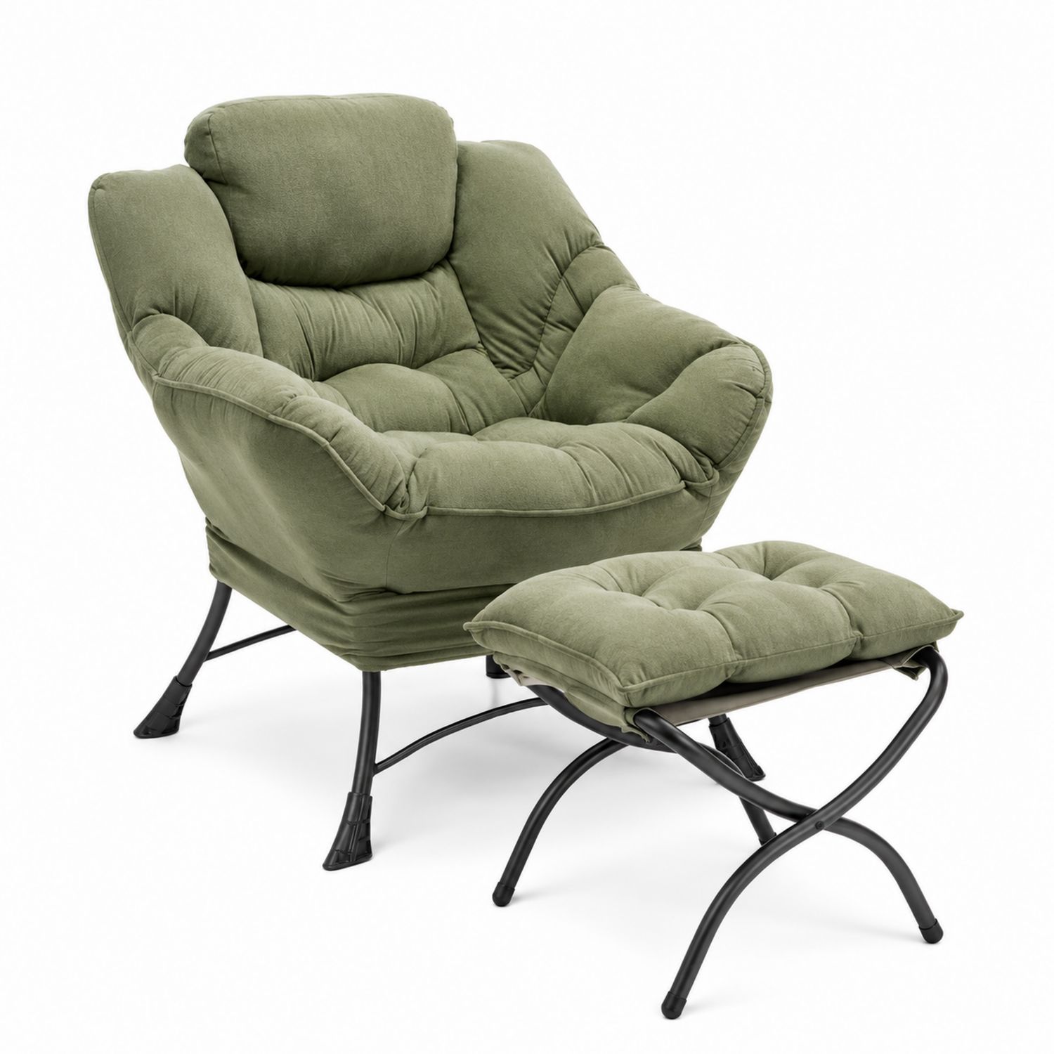 Sillón de Tela Verde con Reposapiés y Estructura Metálica