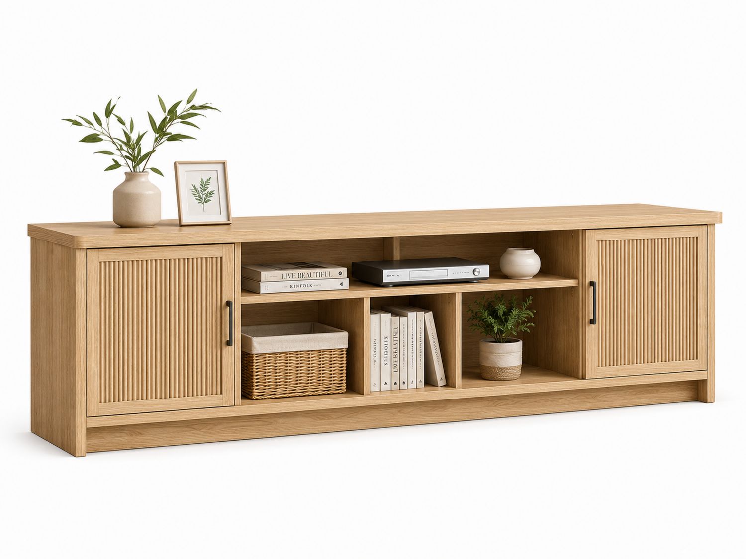 Mueble de TV de madera de roble con puertas y estantes 180x40x50 cm