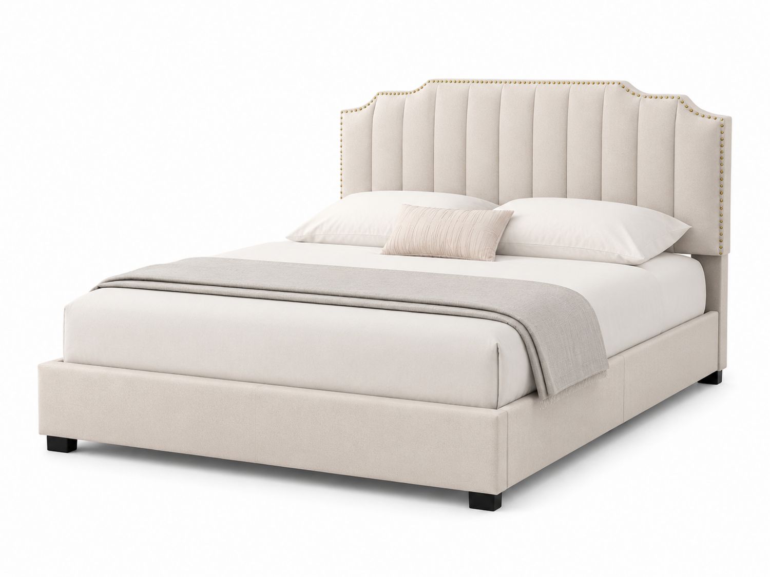 Cama tapizada de tela beige con cabecero acolchado 200x160x120 cm