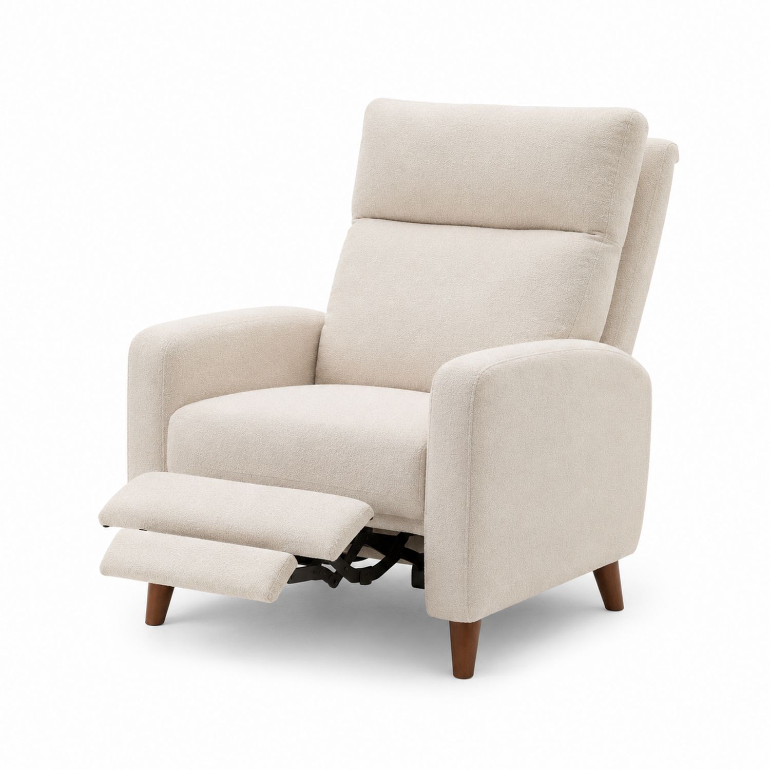 Sillón reclinable de tela de poliéster beige y patas de madera