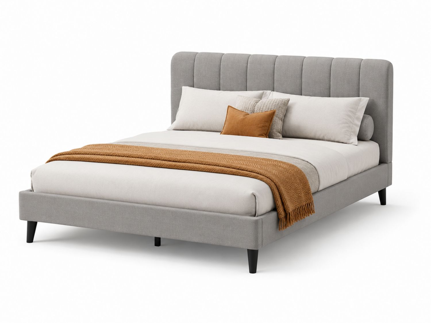 Cama Tapizada en Tela de Poliéster Gris con Patas de Madera