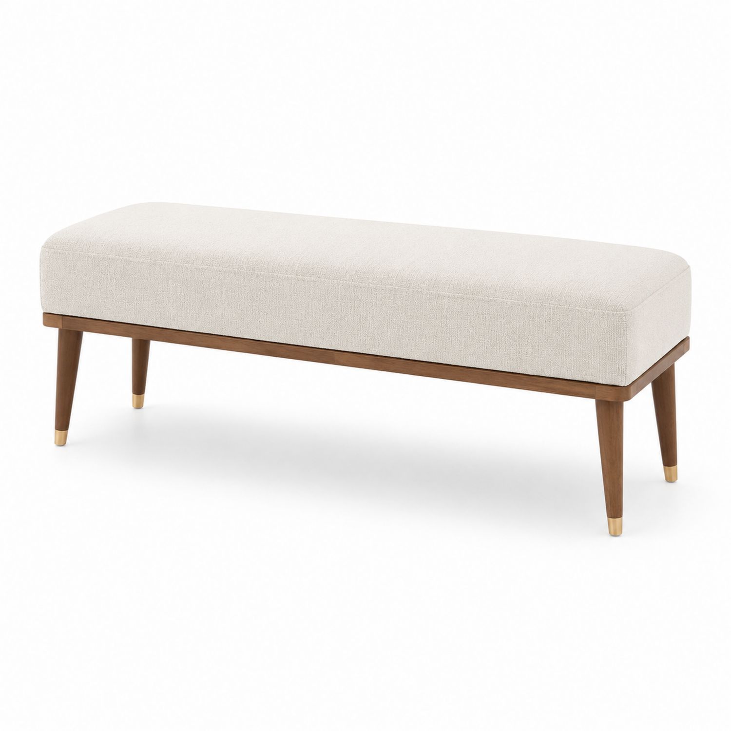 Banco rectangular tapizado en lino beige con patas de madera