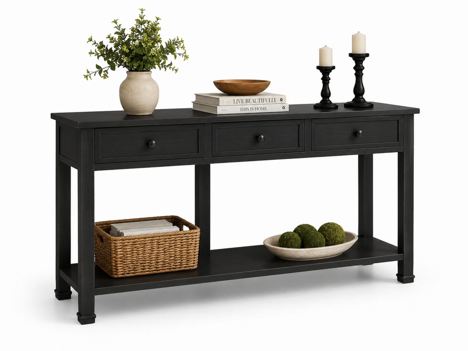 Mesa consola de madera con cajones y estante