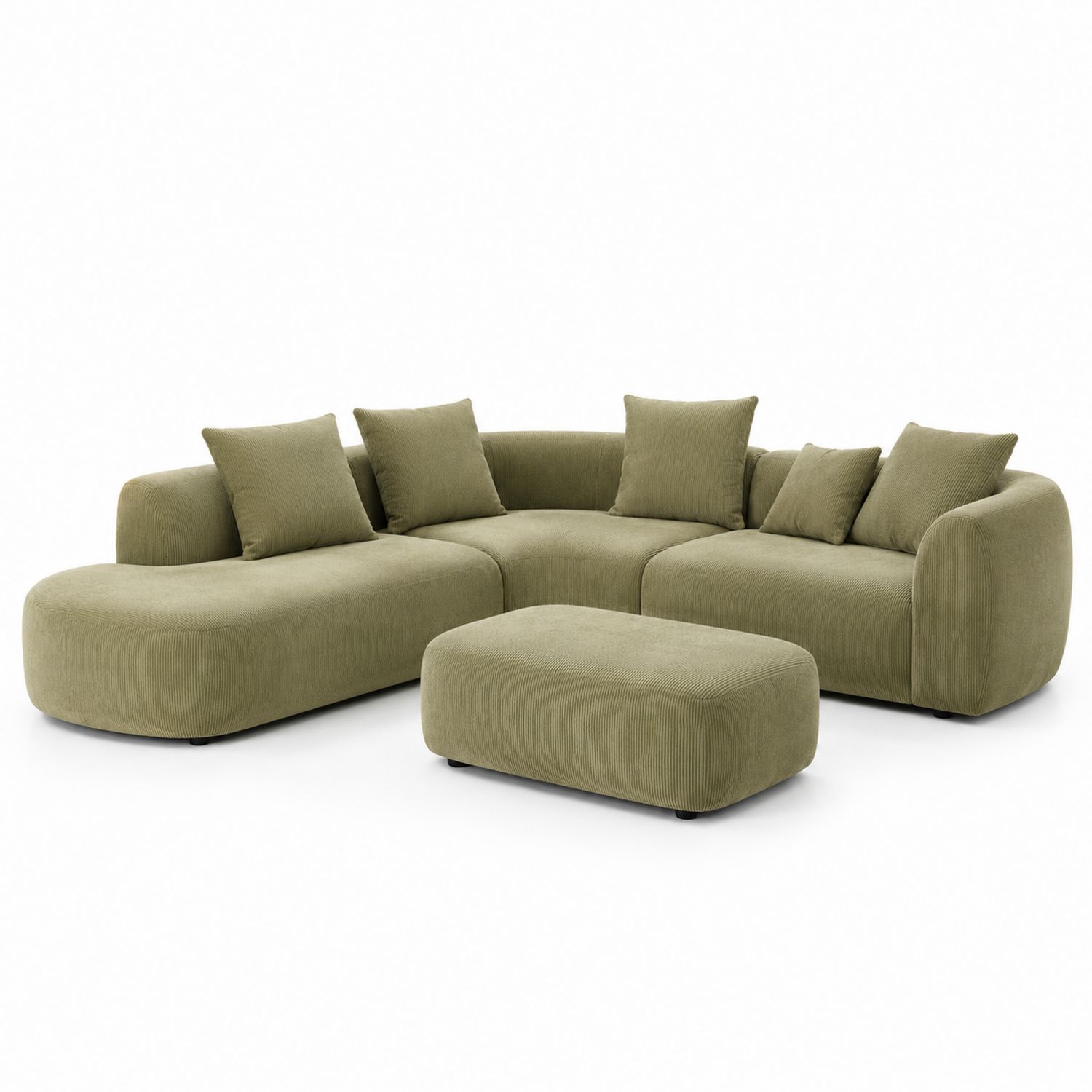 Sofá modular esquinero con chaise longue y otomana en pana verde