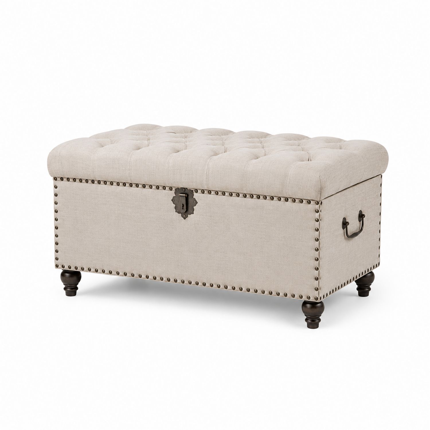 Puf baúl rectangular de madera y lino Beige 100cm