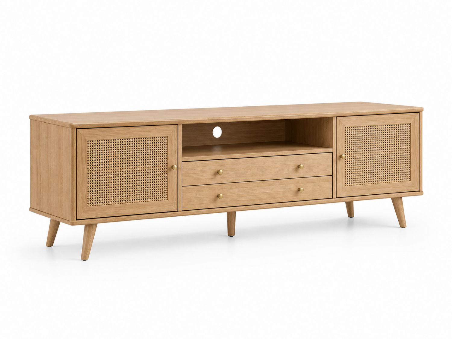 Mueble de TV de madera con puertas de ratán y cajones