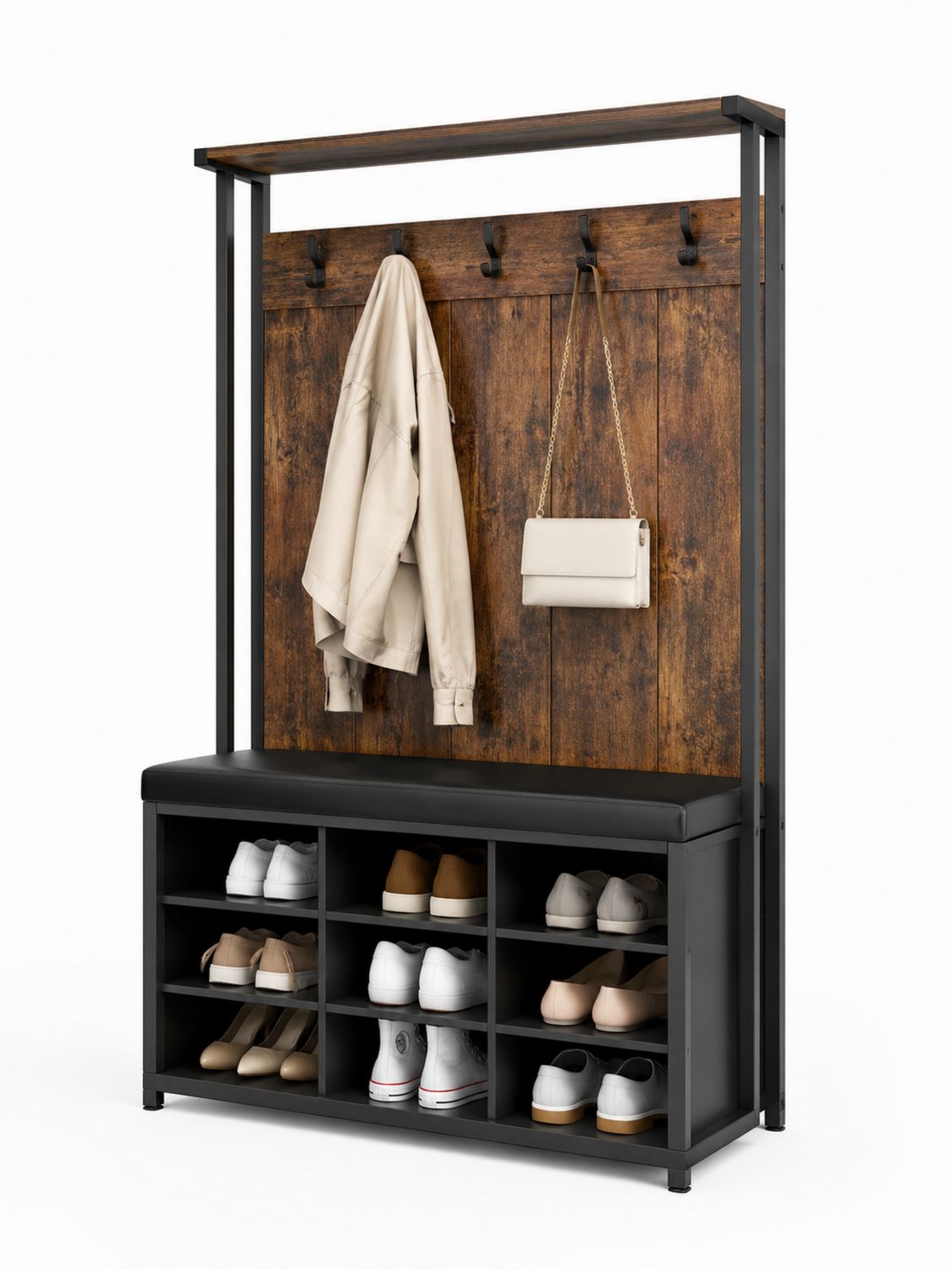 Zapatero con banco y percheros de metal y madera OSB Negro/Marrón