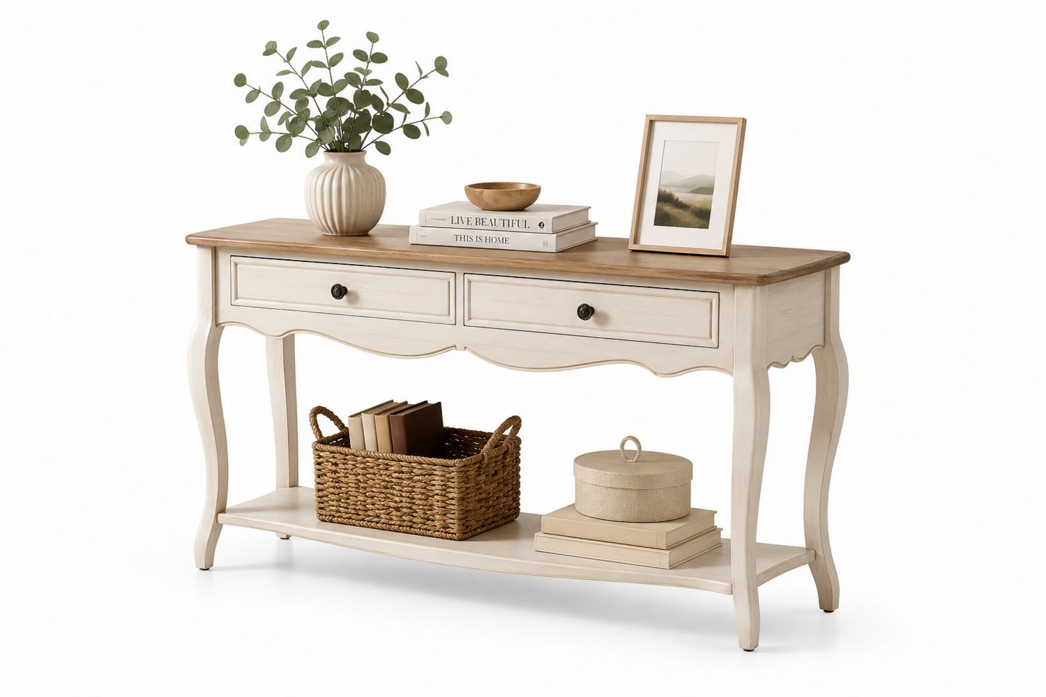 Mesa consola de madera con 2 cajones y estante inferior