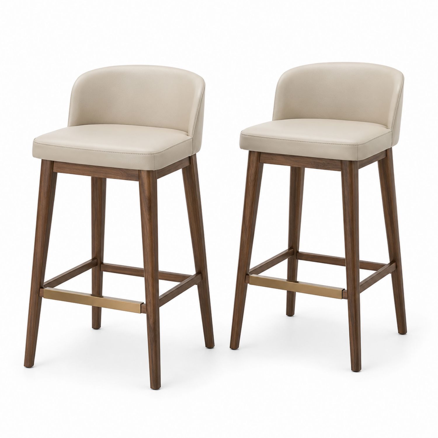 Set de taburetes de bar con asiento de cuero sintético beige y estructura de madera