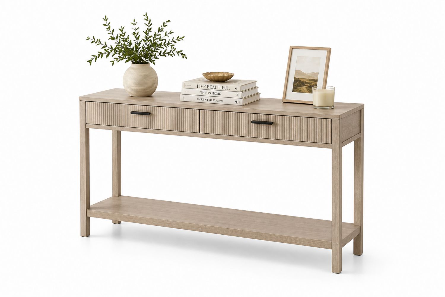 Mesa consola de madera de roble con 2 cajones