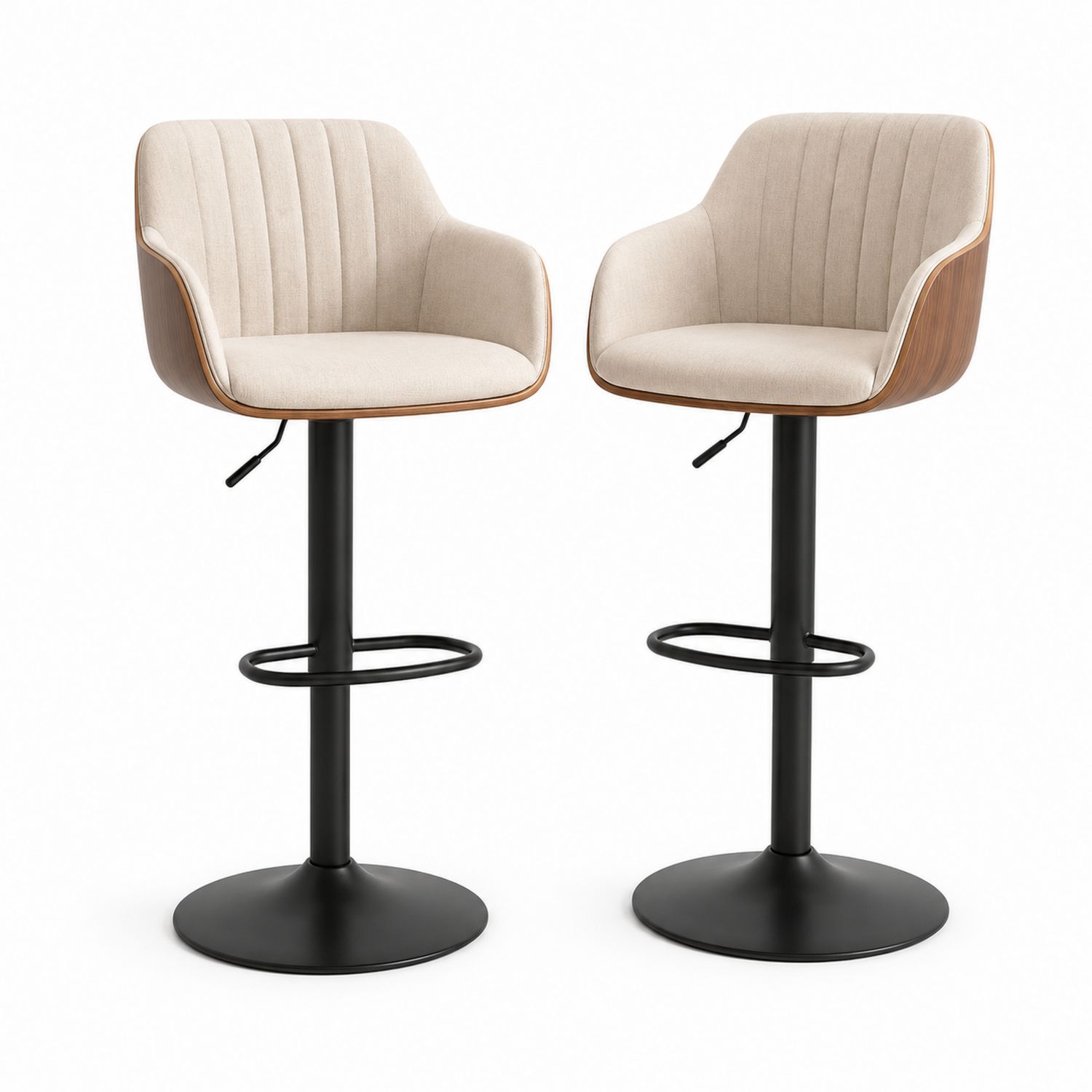 Taburetes de Bar Ajustables de Tela Beige con Acabado en Metal Negro, Conjunto de 2