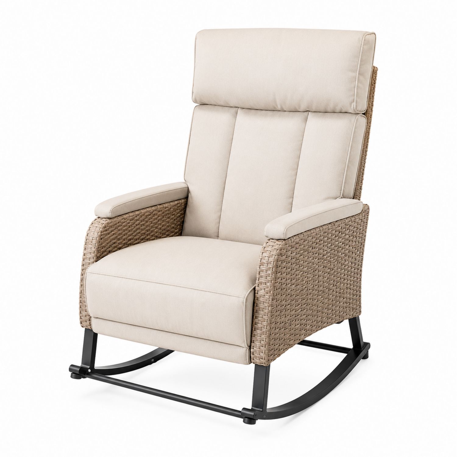 Silla Mecedora de Ratán Sintético con Cojín de Tela Beige