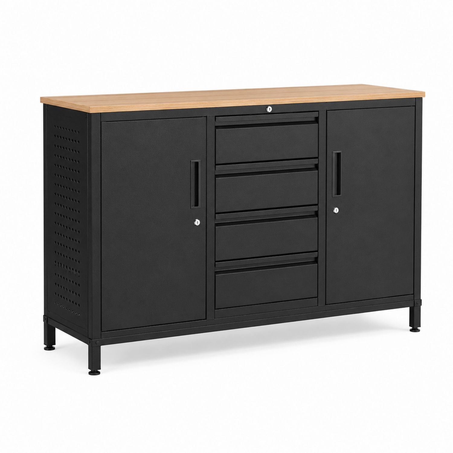 Aparador de metal negro con superficie de madera 120x45x90 cm