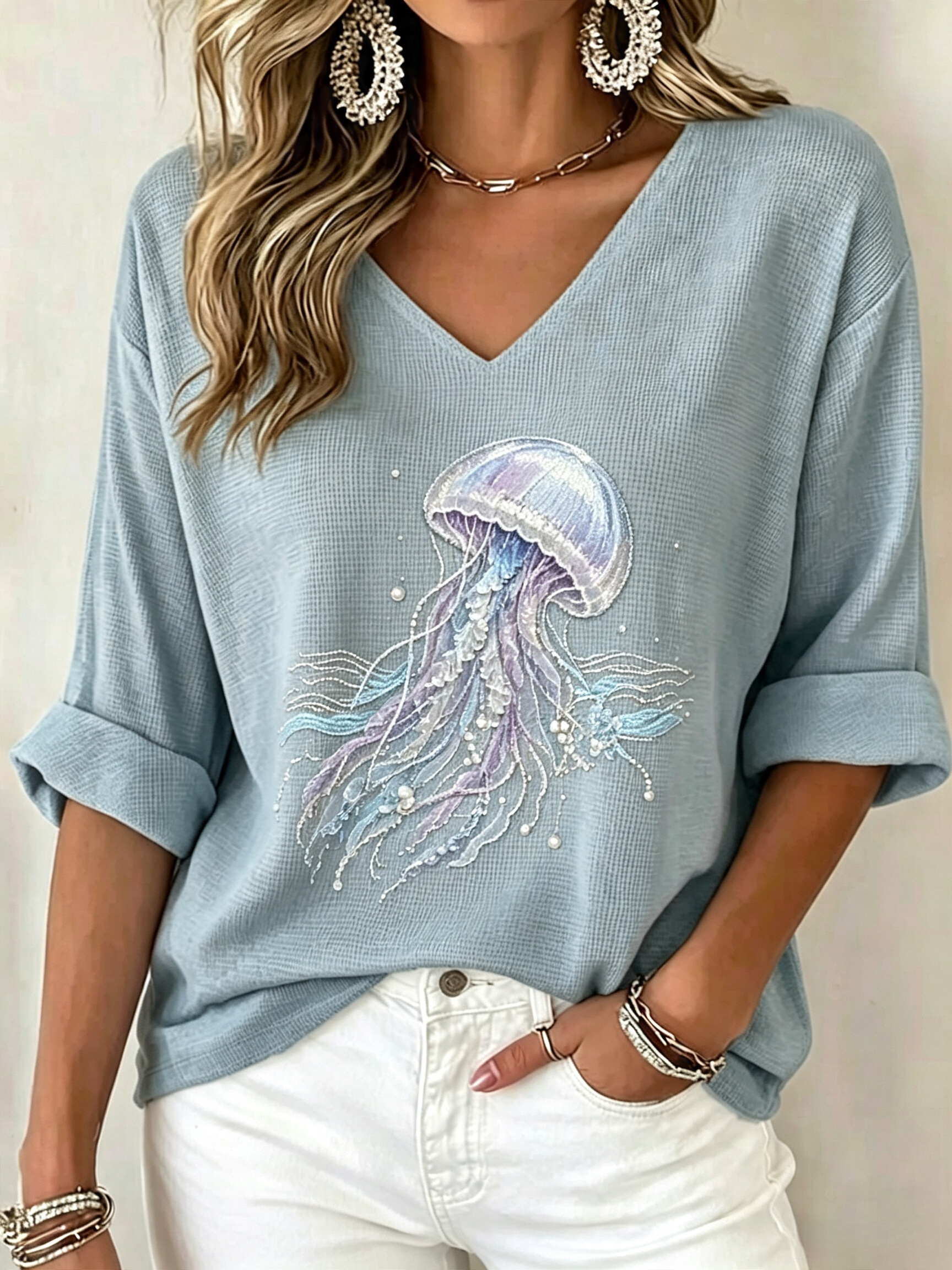 Women's Waffle Knit V Neck Top | 3/4 Sleeve Relaxed Fit [Marine Theme] Casual Vacation Shirt