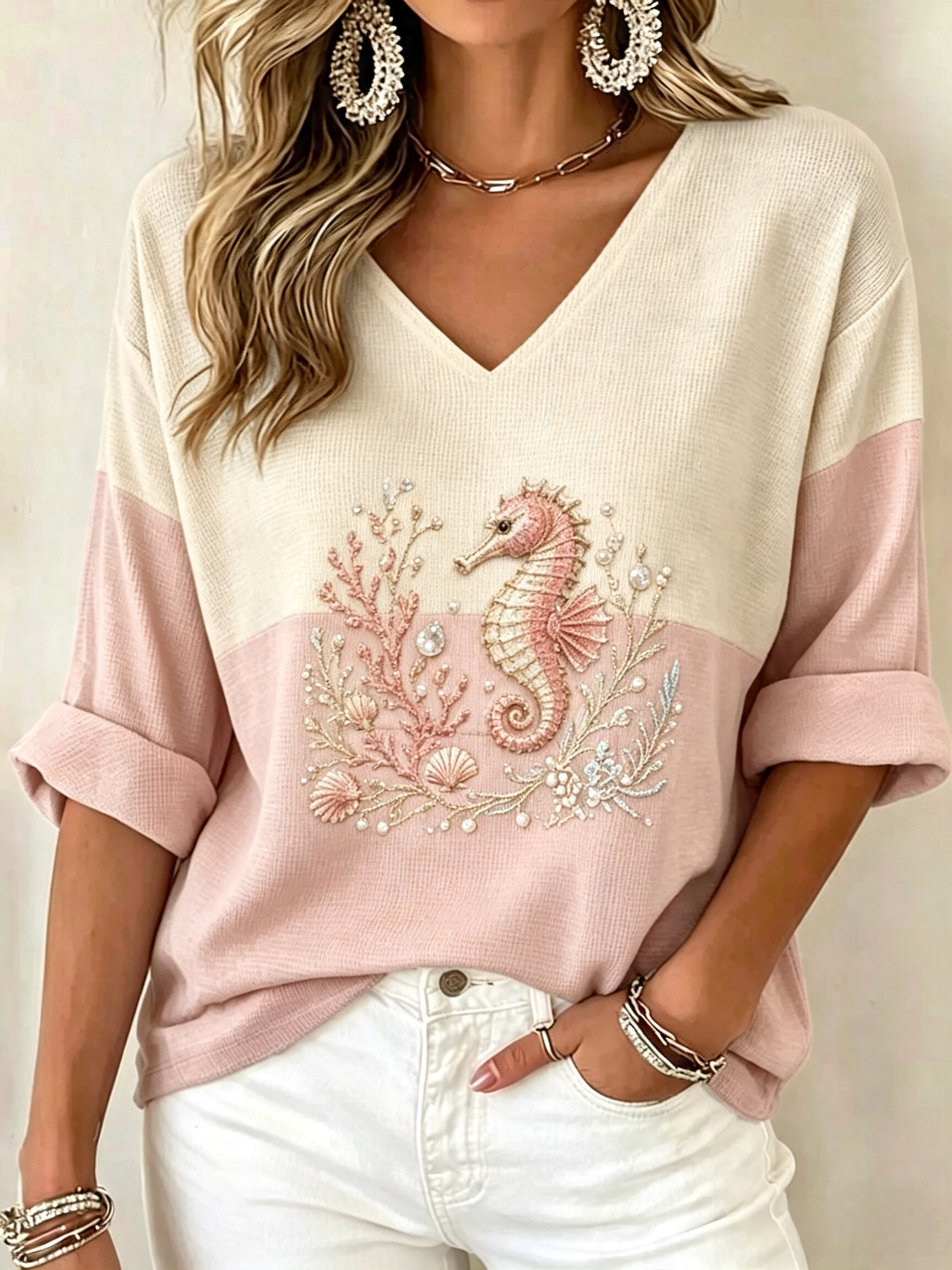 Women's Waffle Knit V Neck Top | 3/4 Sleeve Relaxed Fit [Marine Theme] Casual Vacation Shirt