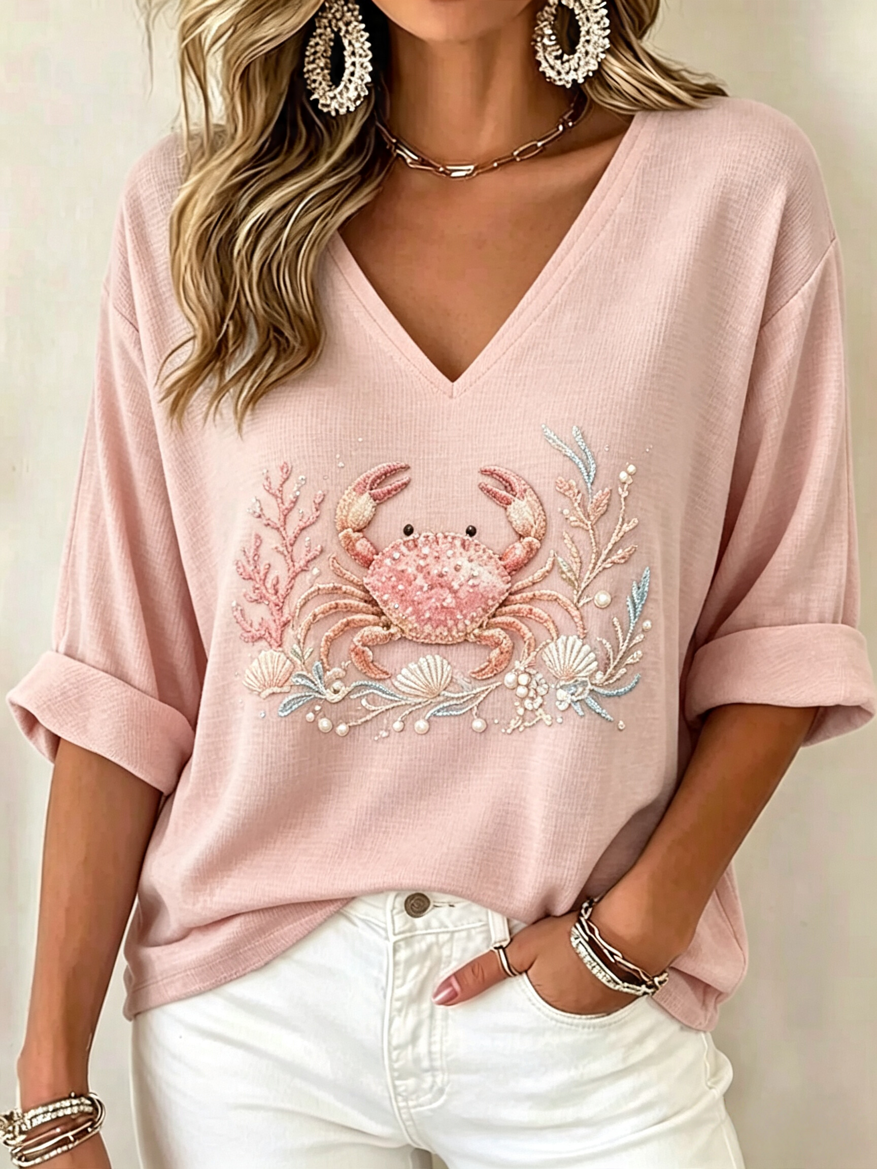 Women's Waffle Knit V Neck Top | 3/4 Sleeve Relaxed Fit [Marine Theme] Casual Vacation Shirt