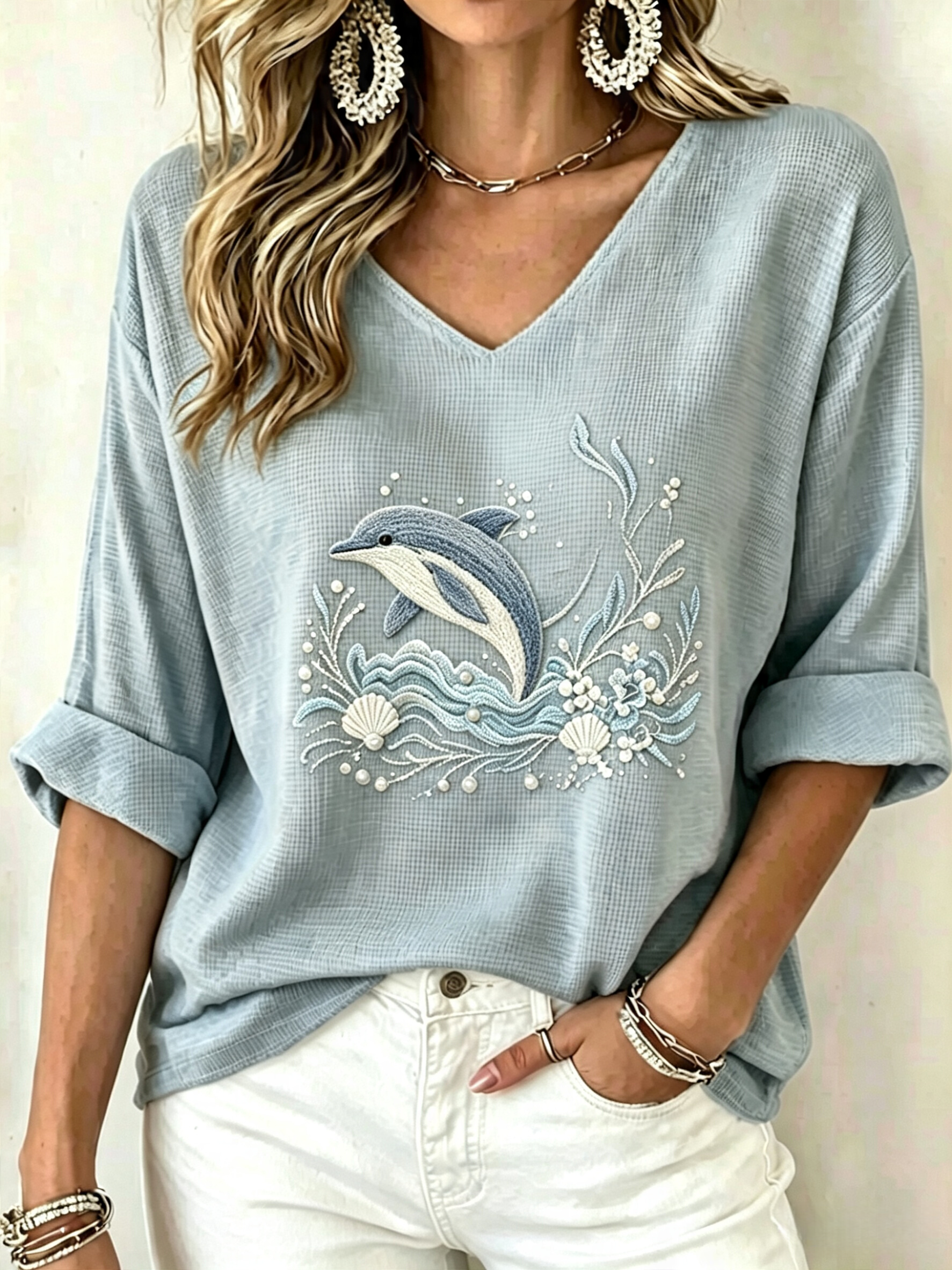Women's Waffle Knit V Neck Top | 3/4 Sleeve Relaxed Fit [Marine Theme] Casual Vacation Shirt
