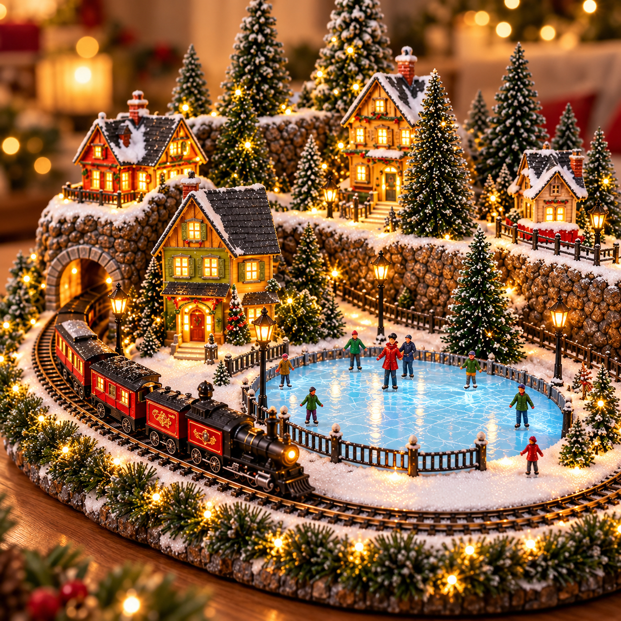 Animated Christmas Village Holiday Train and Ice Rink Scene Figurine