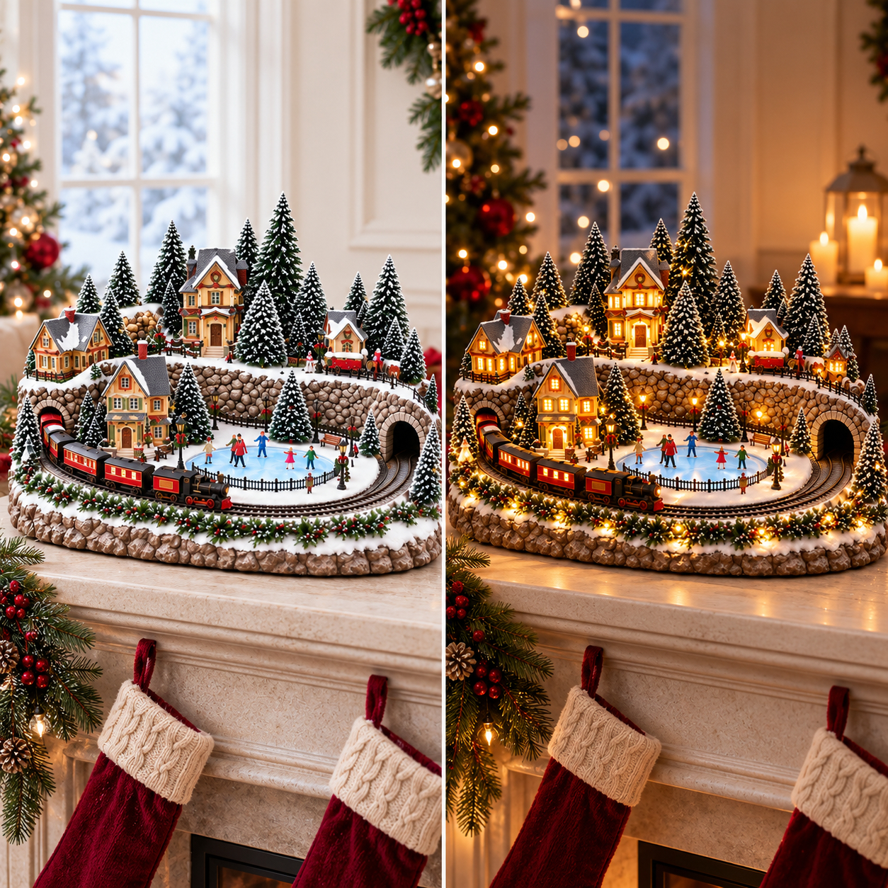 Animated Christmas Village Holiday Train and Ice Rink Scene Figurine