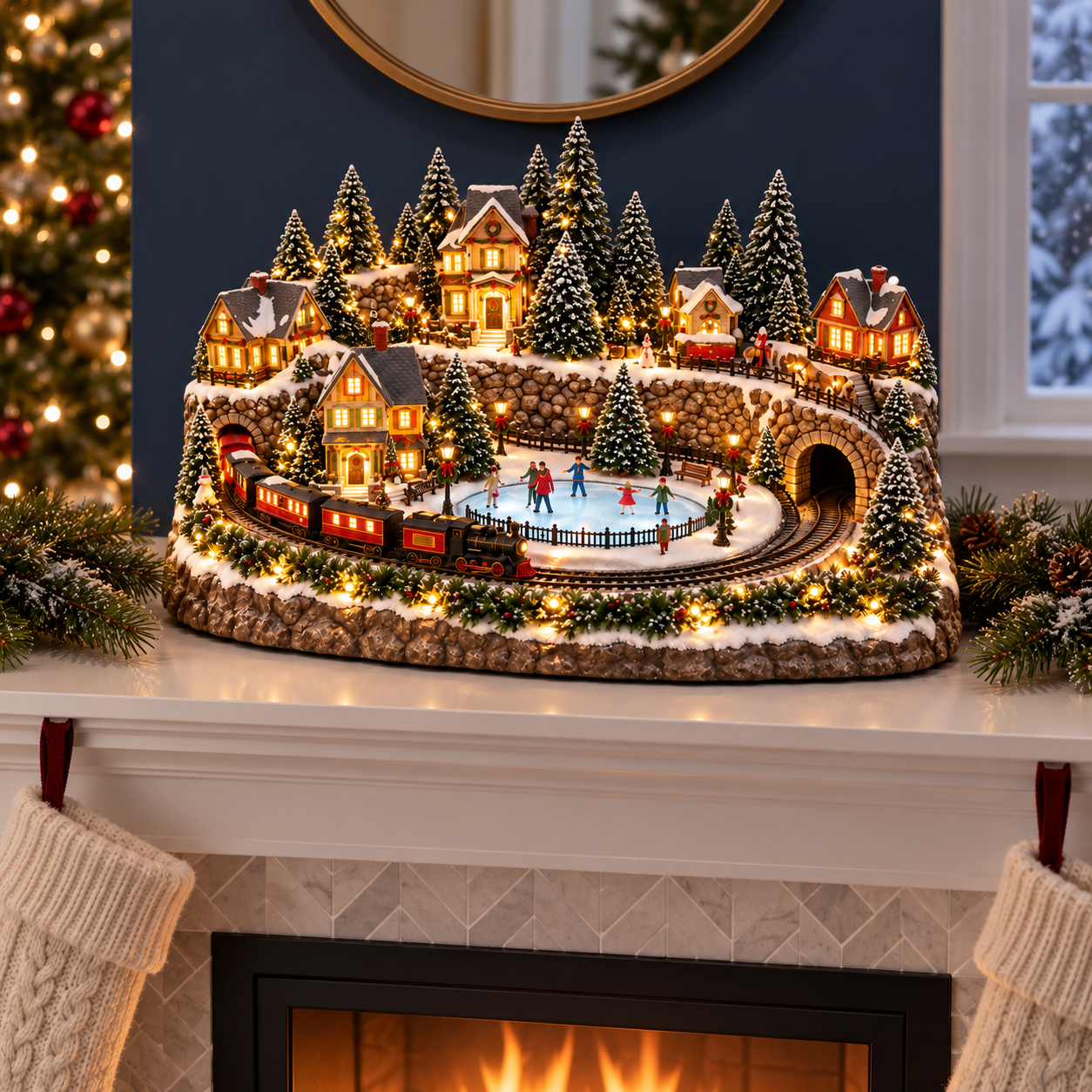 Animated Christmas Village Holiday Train and Ice Rink Scene Figurine