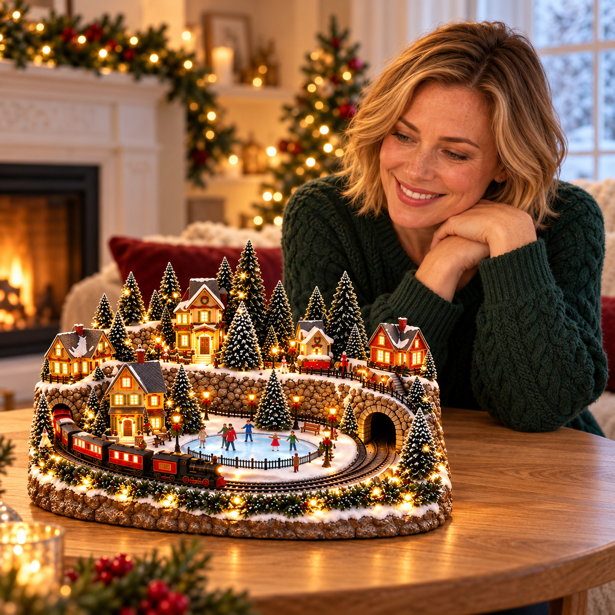 Animated Christmas Village Holiday Train and Ice Rink Scene Figurine