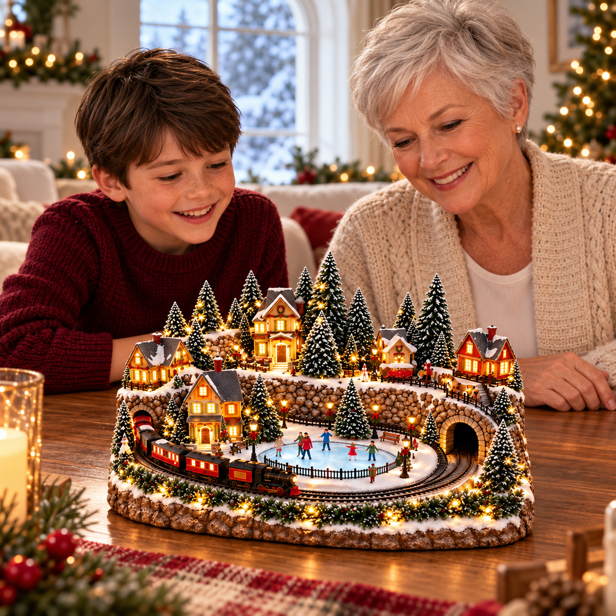 Animated Christmas Village Holiday Train and Ice Rink Scene Figurine