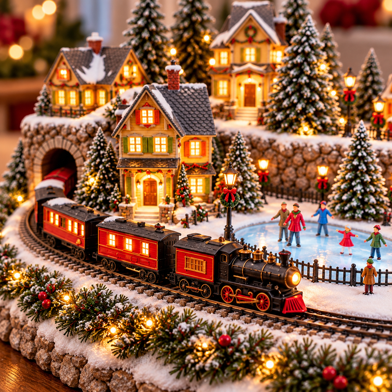 Animated Christmas Village Holiday Train and Ice Rink Scene Figurine