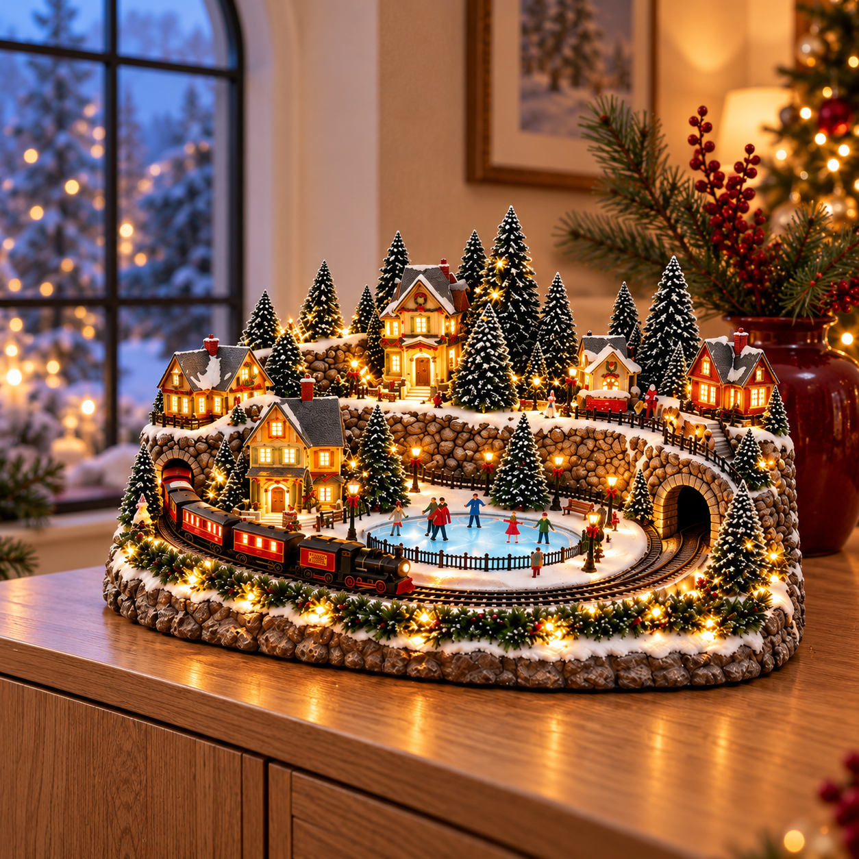 Animated Christmas Village Holiday Train and Ice Rink Scene Figurine