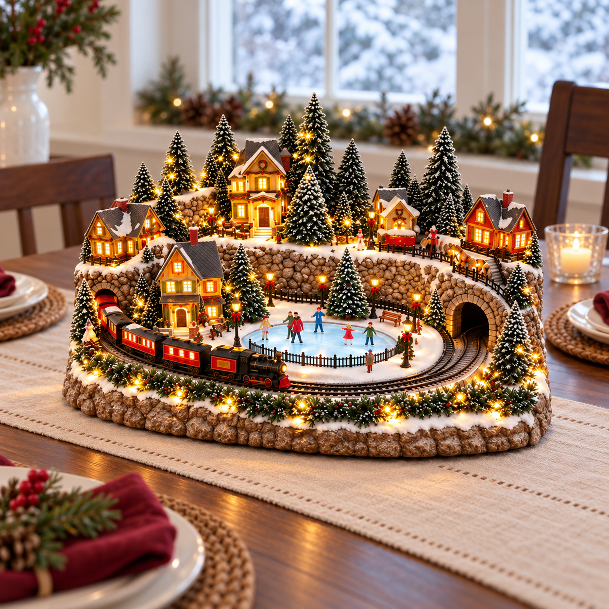 Animated Christmas Village Holiday Train and Ice Rink Scene Figurine