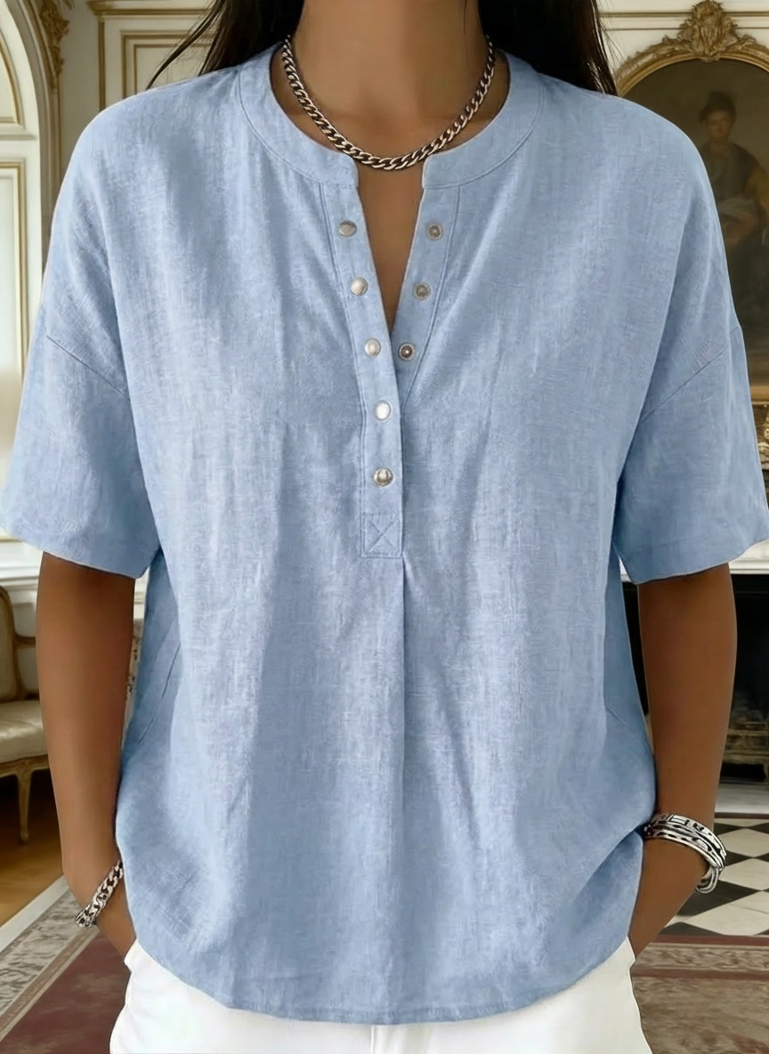 New Arrivals Women��s Casual Henley Collar Linen And Cotton Short-sleeve Shirt