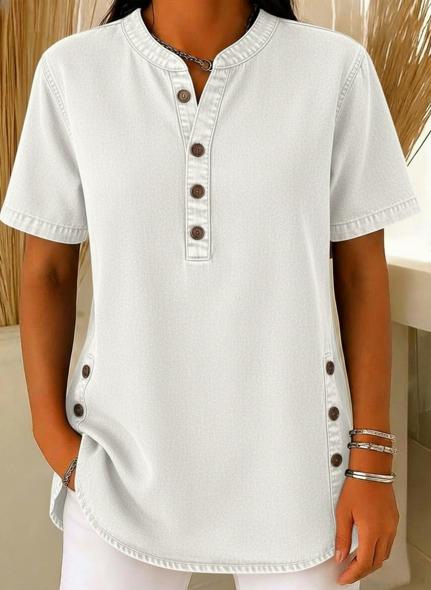 NEW🔥Women's V-neck short-sleeved Casual Button-up Loose Denim Top