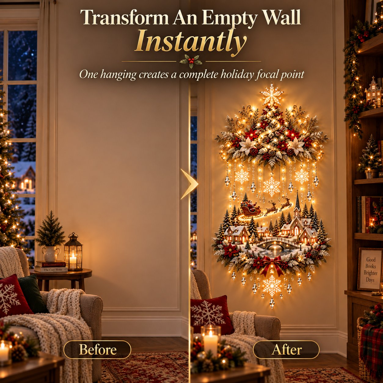 Quellenstilvergleich, der eine leere Wand und denselben Bereich mit dem Weihnachtswandbehang zeigt