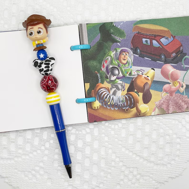 Toy Story inspired autograph pen, beaded ballpoint pen with Disney Doorable, Woody, Jessie, Rex, Bo Peep, Bunny, Ducky, Slinky