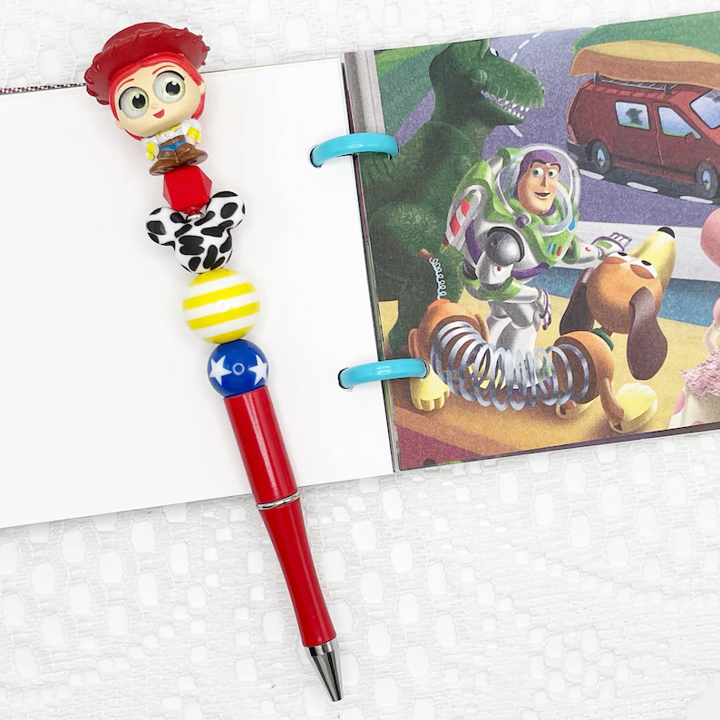 Toy Story inspired autograph pen, beaded ballpoint pen with Disney Doorable, Woody, Jessie, Rex, Bo Peep, Bunny, Ducky, Slinky