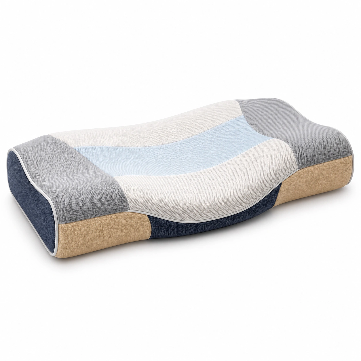 Almohada ergonómica de soporte cervical en gris, azul y beige-Yorqu Avik