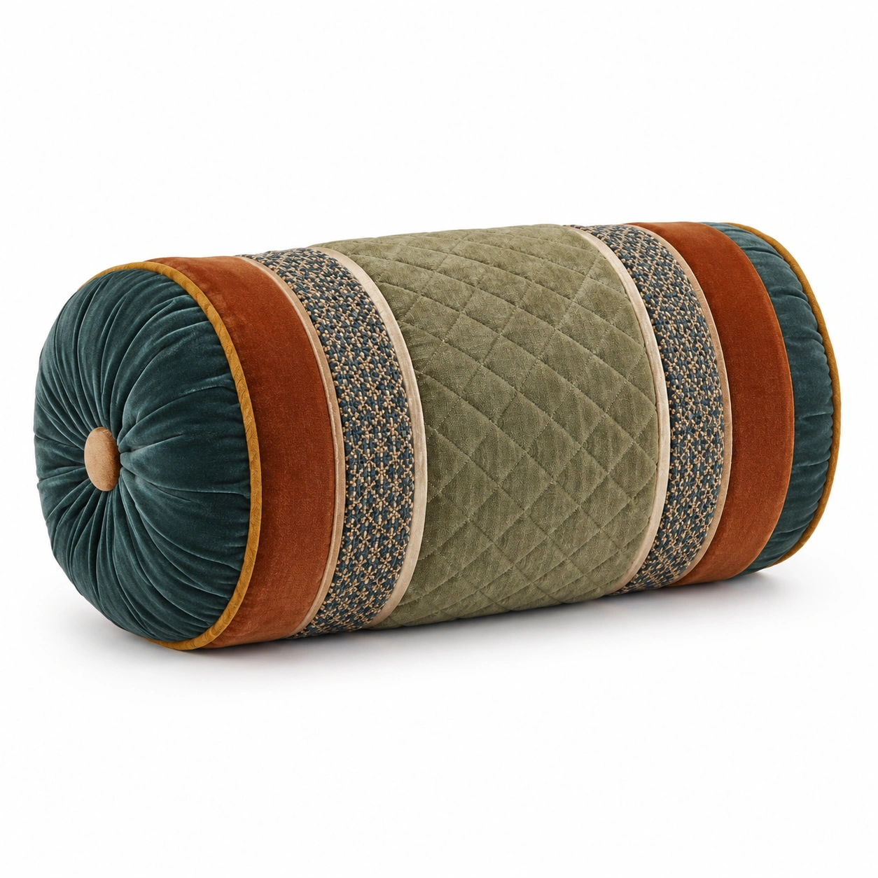Cojín cilíndrico verde, naranja, azul y marrón de diseño elegante-COZ YVE LLA