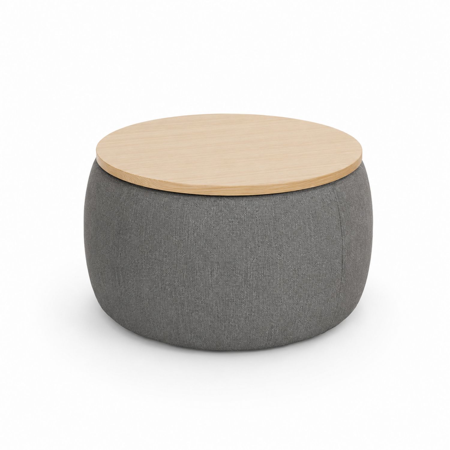 Puf redondo de almacenamiento con tapa de madera y cuerpo de poliéster gris-Zentrivoniel