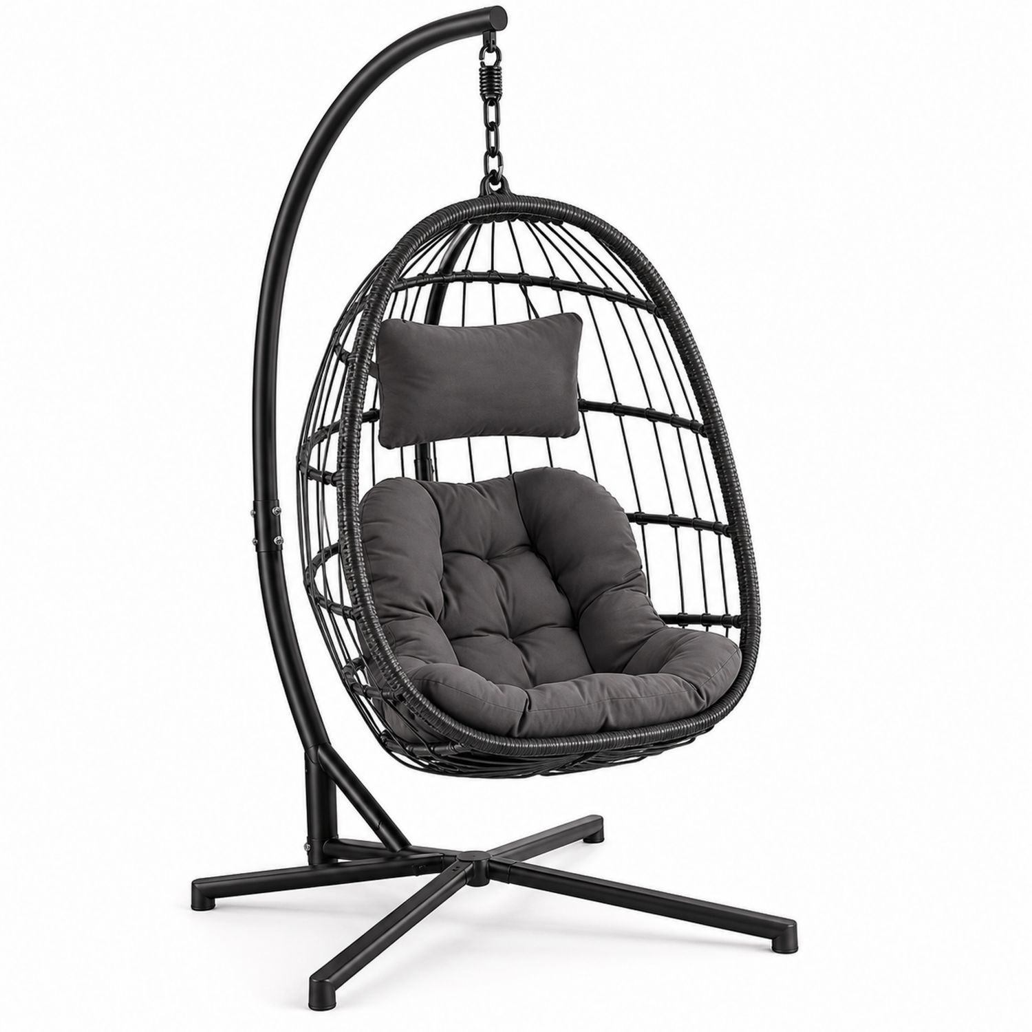 Silla colgante de ratán sintético con soporte de acero y cojines grises-Zentrivoniel