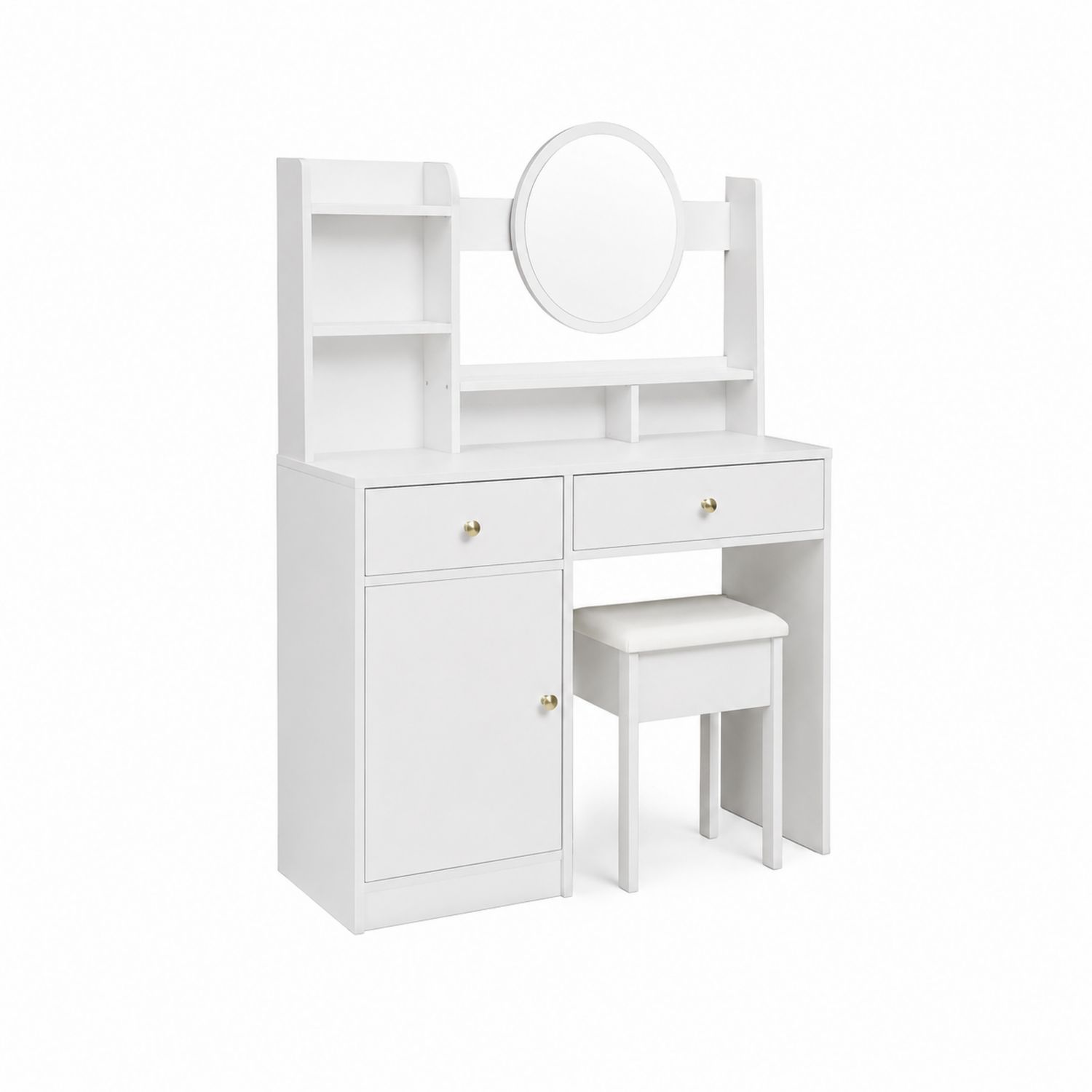Tocador de Madera con Espejo Redondo y Silla, Blanco-Zentrivoniel